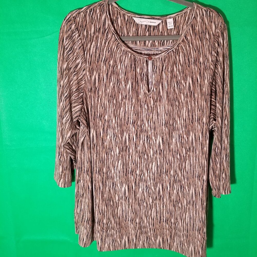 Avenue Soft Brown Striped Abstract Stretch 3/4 Sleeve Pullover 18/20 Tiger